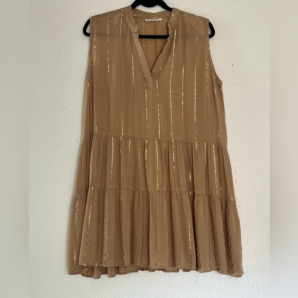Salty Lemon Gold Sequin Gauzy Sleeveless Swing Mini Dress in Tan. Size L - Picture 1 of 10